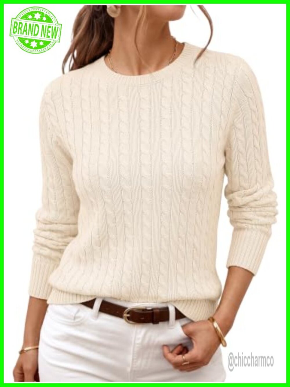 Cable Knit Sweater Pullover Crewneck Long Sleeve Lightweight